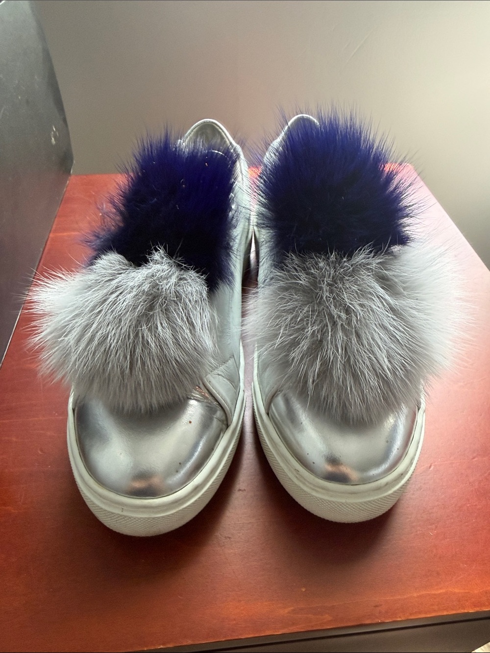 Barneys New York Silver Slip-On Sneakers with Gray and Blue Fur Pom Poms